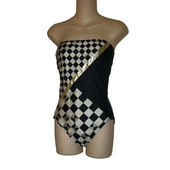 Gottex Other - Vintage Gottex One Piece Swimsuit 12 Black White Gold Geometric Design Checkered